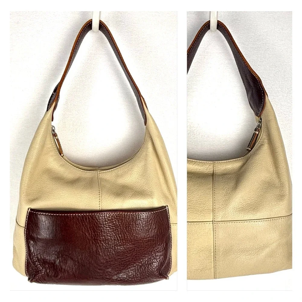 Bob Timberlake Ivory Cream Brown Hobo Shoulder Handbag Purse Pebbled Leather